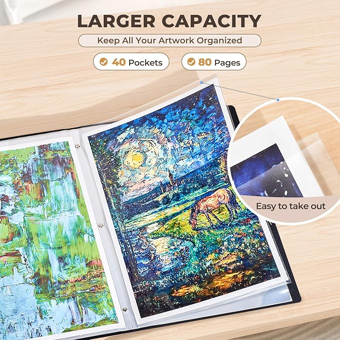 JoyCat Art Portfolio Binder 11"x17",40 Pockets Art Folder with Clear View Pages, 80 Sheets Presentation Binder for Artists and Students (Black)
