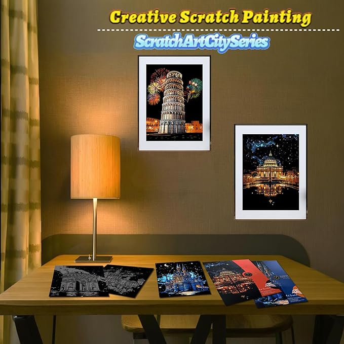 Rainbow Scratch Painting Art Kit - Scratch Art Painting for Adults and Teens, DIY Craft Kit with 4 Tools and 8 Sheets of Paper, Ancient Cities Series Creative Gifts 16''x11''(European)