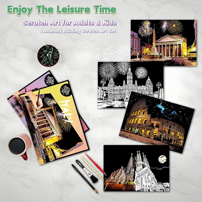 Scratch Art Painting Kit for Adults-8 Sheets A4 Rainbow Scratch Painting Paper Craft Set with City Landmarks|Stress Relief Gift for Travel&Craft Lovers|Scratch Art Home Decor(Europe Series 2)