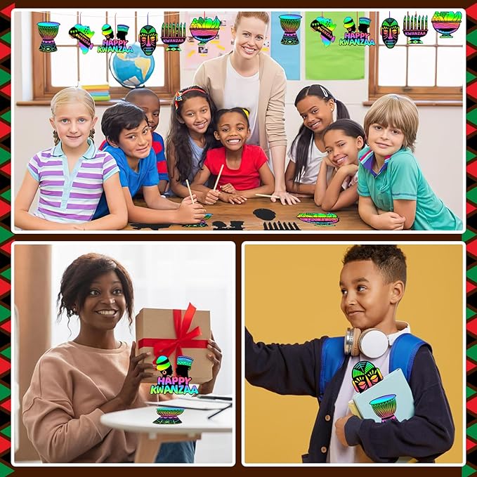 JULMELON 36 PCS Kwanzaa Crafts for Kids, Kwanzaa Magic Rainbow Scratch Art Paper Cards Kwanzaa Gifts for Students School Classroom Activities DIY Crafts Party Favors