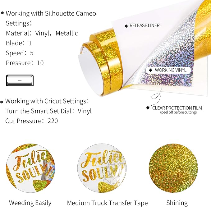 GIRAFVINYL Holographic Gold Vinyl - 12" x6ft Gold Permanent Glitter Vinyl for DIY Crafts, Signs, Home and Car Decal