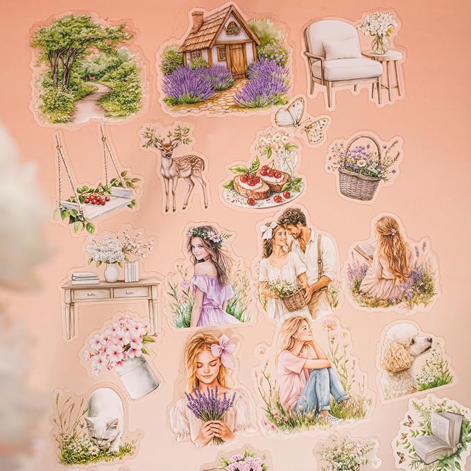 TIAMECH Romantic Trip to Garden PET Stickers - 120 Pcs Flower Pinking Dream Cherry Girls Design, Waterproof Sticker for Journaling & Scrapbooking, Junk Journal Supplies, Ephemera & DIY Crafts