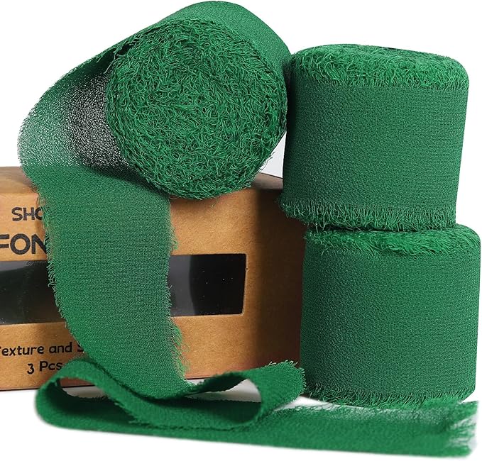 3 Rolls Bright Green Handmade Fringe Chiffon Ribbon 1.5" x 7Yd Silk-Like Colorful Rustic Ribbon for Bouquets Wrapping Decor Wedding Tie Invitations Crafts