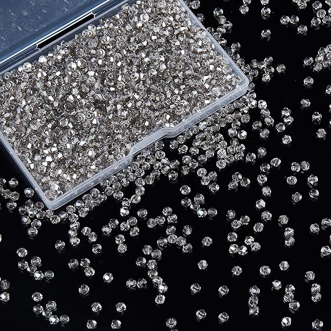 1200PCS 3mm Bicone Crystal Glass Beads for Jewelry Making, Sparkling Mini Beads for Suncatchers, DIY Bracelets & Craft Projects (Grey)