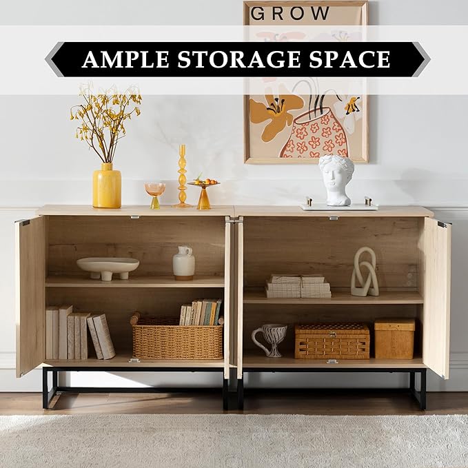 Fluted Storage Cabinet Set of 3,Sideboard Buffet Cabinet with Adjustable Shelves,Multifunctional Console Table with Storage Credenza Accent Cabinet for Living Room, Dining Room, Light Oak