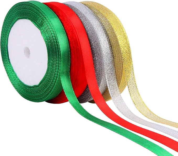 DECYOOL 4 Rolls 100 Yards Christmas Ribbons Metallic Glitter Fabric Holiday Festival Satin Ribbons 10mm Wide for Gift Wrapping Decoration