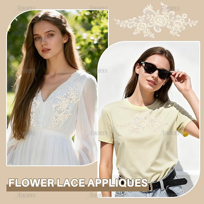 AUEAR, 2 Pack Flower Lace Applique Patches for Wedding Dress DIY Clothing Collar Material (Ivory Color)