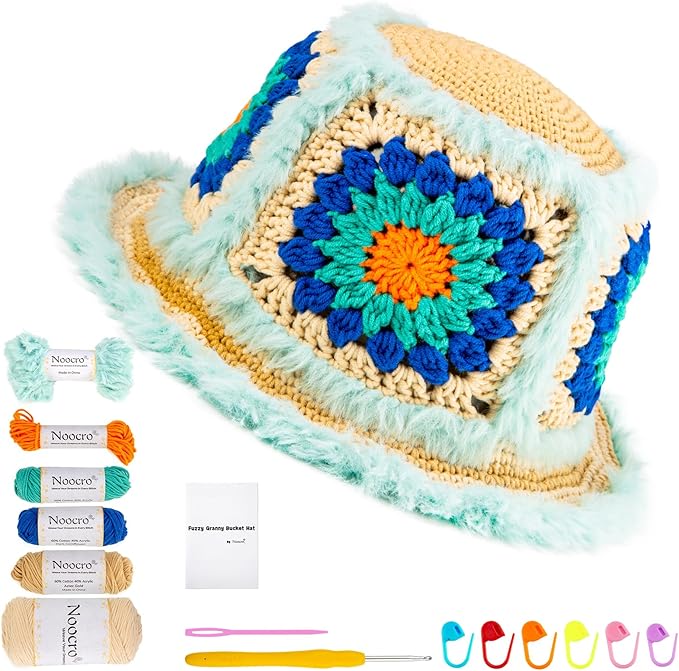 Noocro Crochet Kit for Beginners or Intermediate Level, Fuzzy Granny Square Bucket Hat, Step by Step Video Tutorial, Detailed Instruction Complete Kit Craft Supplies Holiday Gift (Ocean Blue)
