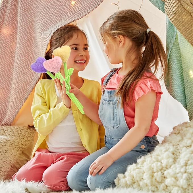 10 Pcs Plush Heart Floral Stuffed Bendable Stems Plush Bouquet Toy Soft Rose Flower 12.6 Inch for Christmas Classroom 2025 Mother's Day Valentines Day Girl Girlfriend Wife(10 Pcs Colorful Heart)