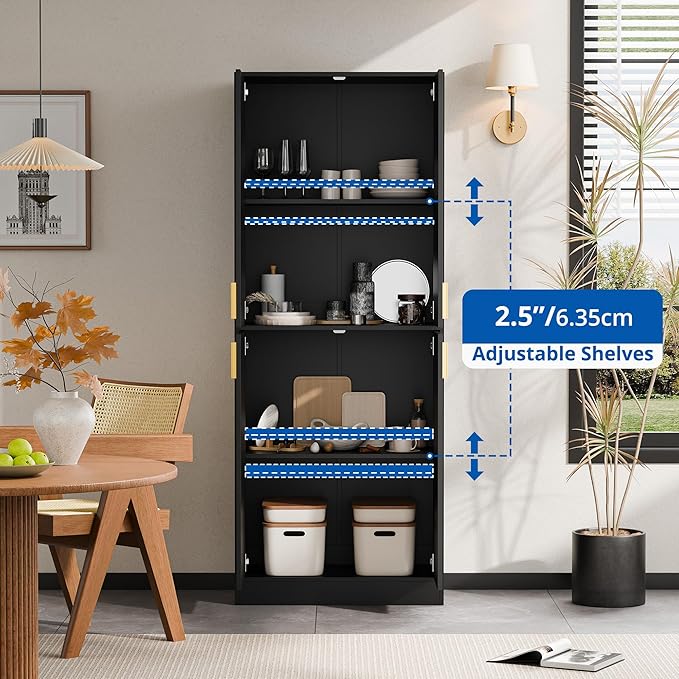 Cozy Castle Kitchen Pantry Cabinet, 71" Tall Wood Storage Cabinet with Doors and Shelves 4 Doors Freestanding Cupboard for Dining Room Living Room Bathroom Furniture, Black