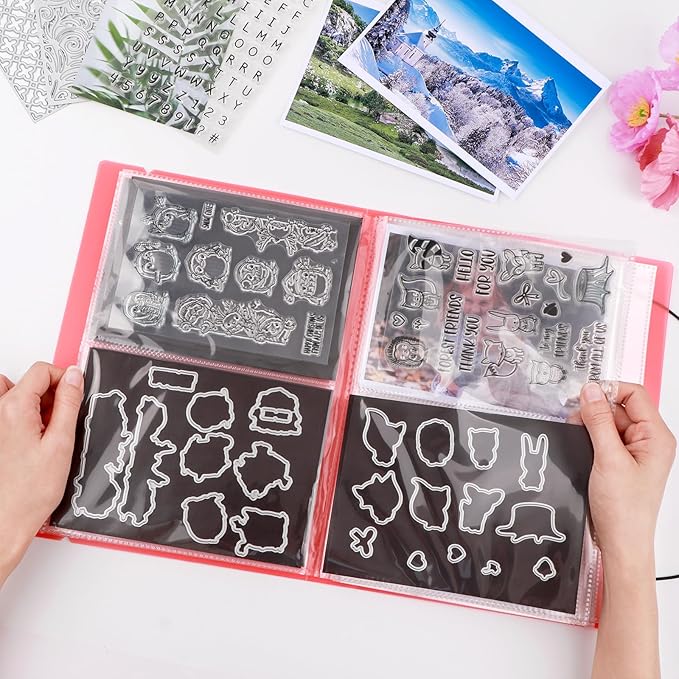 10 Pcs 0.3mm Magnet Sheets and 80 pockets/20 pages Storage Album for Stamp and Cutting Dies Storage Book Organizer Folder for Storage Die Cutting, DIY Scrapbooking Card Making Supplies (Red)