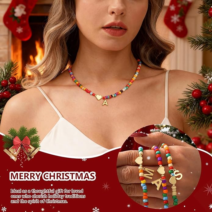 Christmas Gifts for Grandkids Teens Girls - Colorful Beaded Initial Necklace Teen Girl Gifts Trendy Stuff Dainty Letter Choker Necklace Stocking Stuffers for Teen Girls Women Jewelry