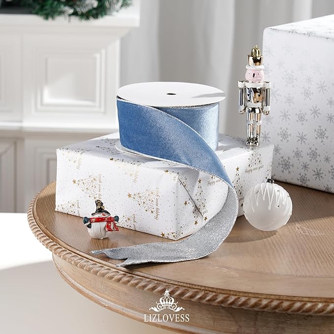 Dusty Blue Velvet Wired Ribbon with Glitter Back 2.5 Inch Blue and Silver Christmas Ribbon Wired Ribbon for Christmas Tree, Gift Wrapping, Mantel, Wreaths Supplies, Topper Bows (10 Yards)