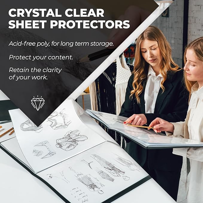 Dunwell 11x14 Art Portfolio Binder with Mounting Paper (Black), Large Portfolio Folder for Artwork Storage, 24 Sleeves Displays 48 Pages, 11 x 14 Presentation Book, Acid-Free Poly