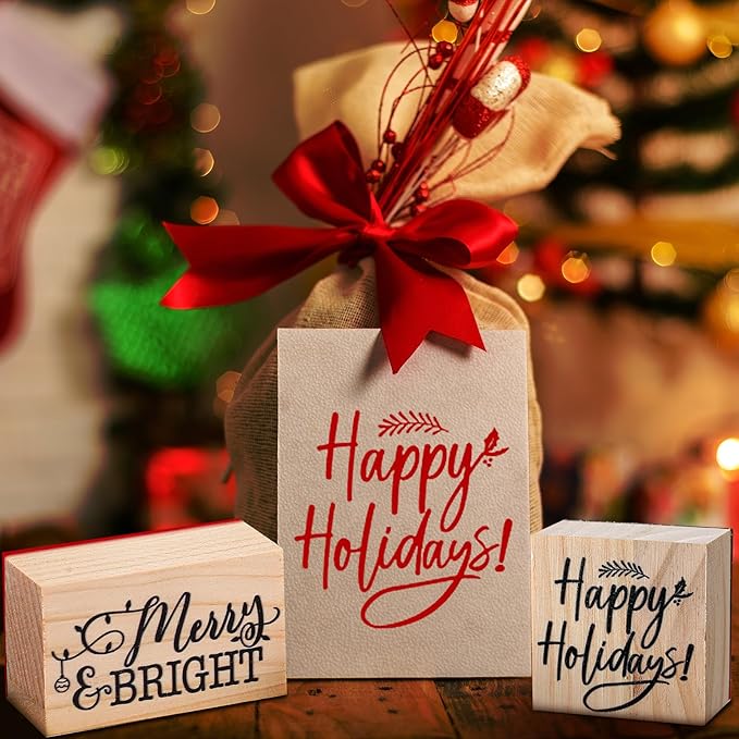 Watersay 6 Pcs Christmas Rubber Stamp Set Merry Christmas Wooden Rubber Stamp Snow Tree Stamps Vintage Wooden Rubber Art Stamps for Crafting and DIY Scrapbooking Card Making Hand Book(Word)