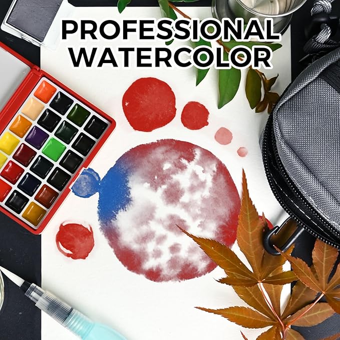 Funto Mini Watercolor Paint Set, All-In-One 24-Color Christmas Red Gift Travel Paint Kit, with Crossbody Bag, Watercolor Journal, Paint Water Cup, Pocket Set for Artists