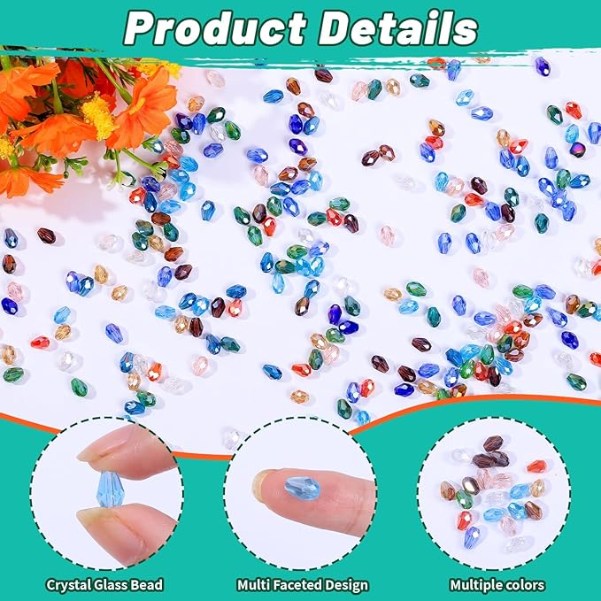 300pcs Glass Crystal Teardrop Beads 6X8mm Drop Glass Spacer Beads Colorful Clear Electroplated Color Crystal Beads for DIY Jewelry Bracelet Making (Facet Drop)