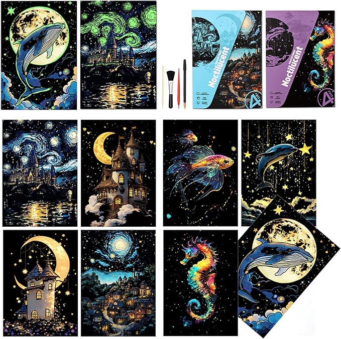 Scratchboard Art for Adult Luminous Scratch Painting Kits, A5 Scratch Art Rainbow Painting Paper 8 Sheet with 4 Tools, Scratchboard for Teens & Adults, Fun Creative Craft Toy/Gifts/Decor, Dreams