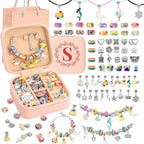 Charm Bracelet Making Kit for Girls 3-12, Kids Jewelry Making Kit 66Pcs Jewelry Kits for Girls Ages 8-12 Jewelry Maker Craft Necklace Birthday Christmas Gifts with Initial Jewelry Organizer Box - S