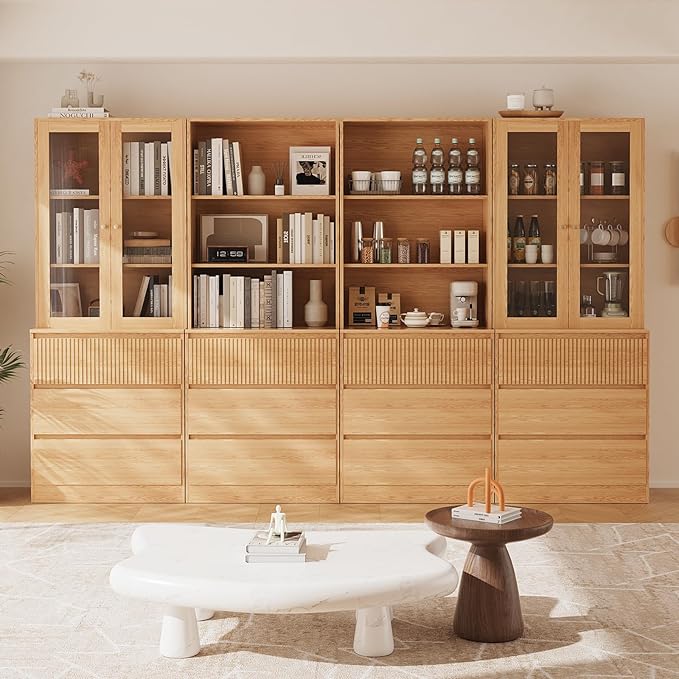 TUSY 71'' Freestanding Tall Storage Cabinet, 5 Tier Wood Bookcase with 3 Drawers and 2 Tempered Glass Doors (DBBD)