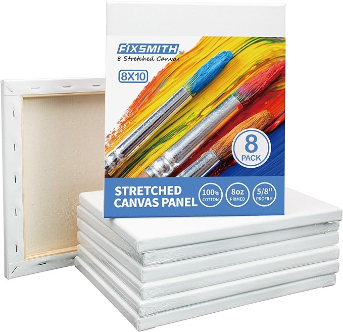 FIXSMITH Stretched Canvas for Painting- 8x10 Inch,Bulk Pack of 8,Primed,100% Cotton,5/8 Inch Profile of Super Value Pack for Acrylics,Oils & Other Painting Media