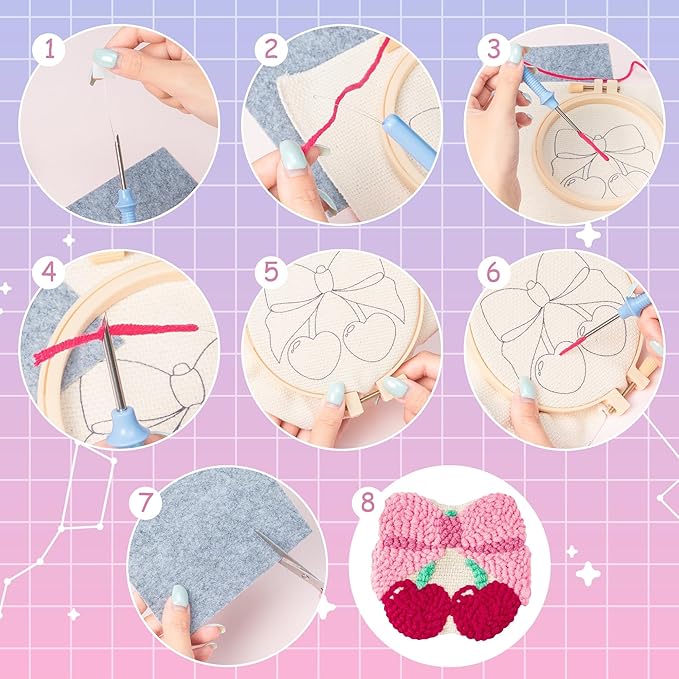 WATINC Christmas Punch Needle Coaster Kits - 23Pcs Easy Art Work Decor Craft Supply for Beginners, DIY Set of 6 Pattern Tufted Pads with Adhesive Felt Yarn Tool Coaster Holder Instruction (Light Pink)