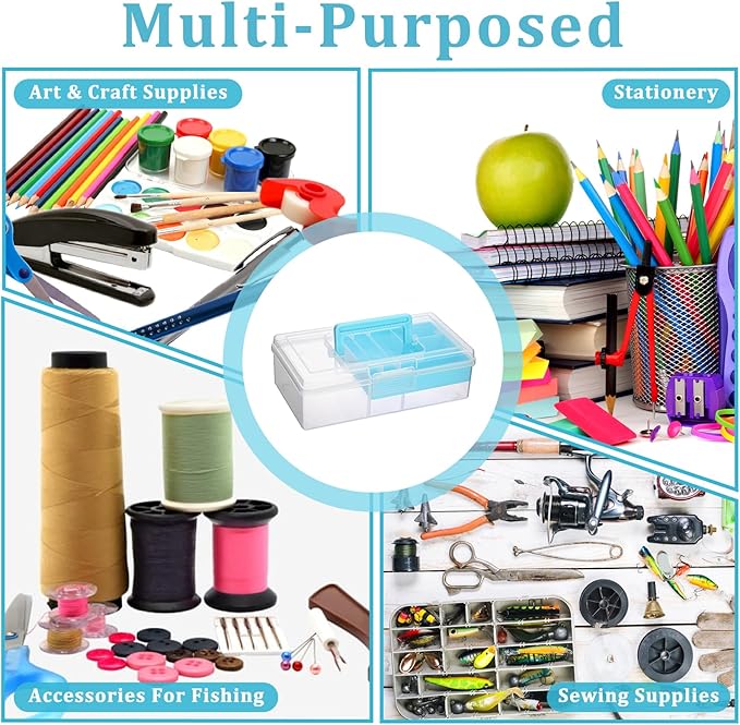 JUXYES 2 Pack Plastic Carry Storage Box with Removable Dividers, Clear Art Craft Supply Storage Bin Sewing Box with Handle Lid, 2 Layers Stationery Storage Case for School/Office Supplies Light Blue