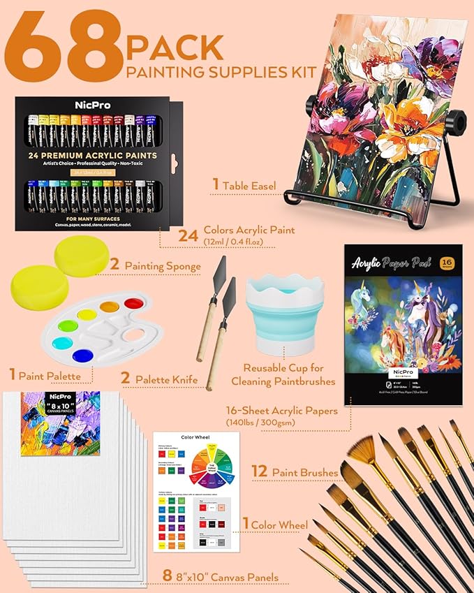 Nicpro 68PCS Acrylic Paint Canvas Set for Adults, Art Painting Supplies Kit with 24 Acrylic Paints,Table Easel,8 Canvas Panels,12 Brushes,Paper Pad,Cleaning Cup, Sponge, Palette for Beginner Artist
