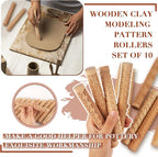 Lzttyee Set of 10 Wooden Handle Pottery Tools Clay Modeling Pattern Rollers Kit Brown (Set of 10)
