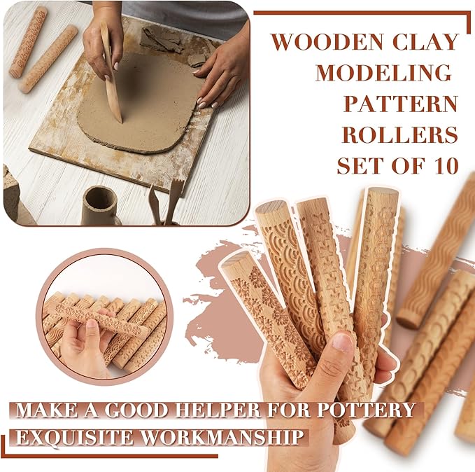 Lzttyee Set of 10 Wooden Handle Pottery Tools Clay Modeling Pattern Rollers Kit Brown (Set of 10)