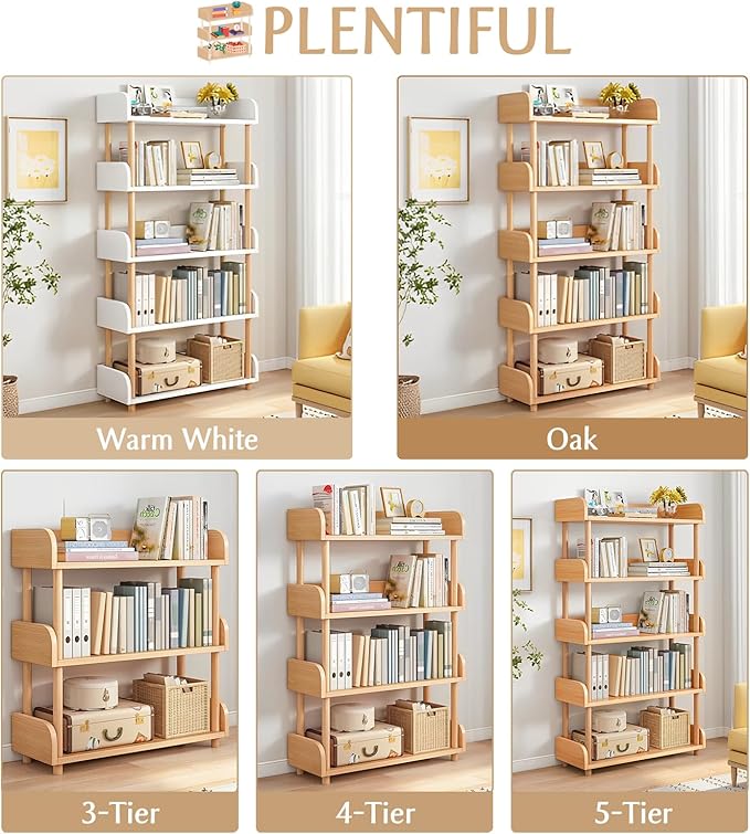 5-Tier Wooden Open Bookcase - Modern Display Bookshelf with Top Edge and Solid Wood Frame for Home and Office, Storage Cabinet, Oak