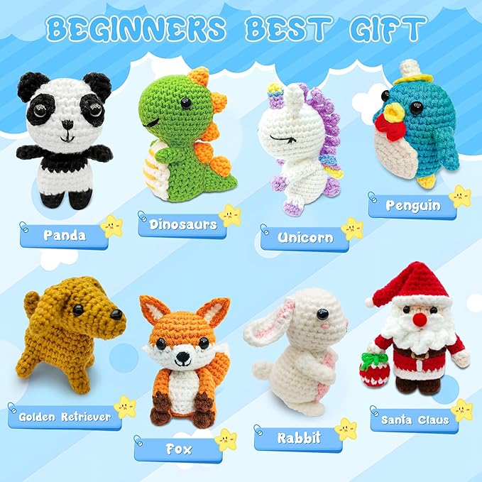 HUASHILUO 8Pcs Crochet Kit for Beginners, 2026 DIY Craft for Adults and Kids, Great Christmas Gift for Crochet Lovers, Crocheting Animal Kits with Step by Step Videos,Yarn,Crochet Hook