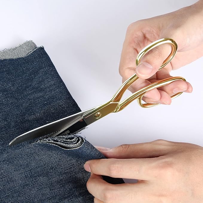 LIVINGO Professional Fabric Sewing Scissors: Multipurpose Heavy Duty Forged Stainless Steel Sharp Bent Blade Dressmaker Classic Cutting Leather Cloth Tailor Shears for Home - 8 inch Gold
