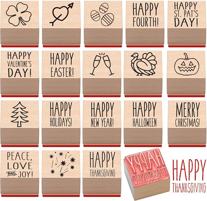18 Pcs All Holiday Wood Stamps Set Wooden Rubber Holiday Stamps for Card Making Decoration and Scrapbooking Supplies