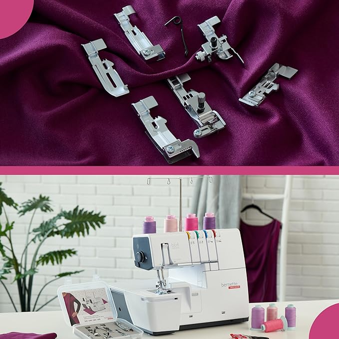 Bernette B64 Airlock Serger Overlocker with Air Threading | 1300SPM, Free Hand & Arm System, LED Light | Scissors, Rotary Cutter, Threads Bundle, Self-Healing Foldable Cutting Mat, Extension Table