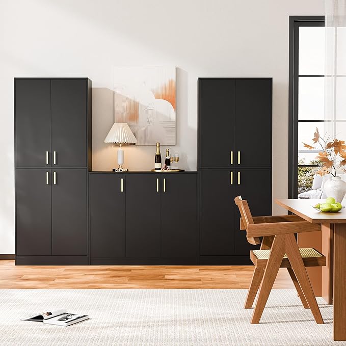 Cozy Castle Kitchen Pantry Cabinet, 71" Tall Wood Storage Cabinet with Doors and Shelves 4 Doors Freestanding Cupboard for Dining Room Living Room Bathroom Furniture, Black
