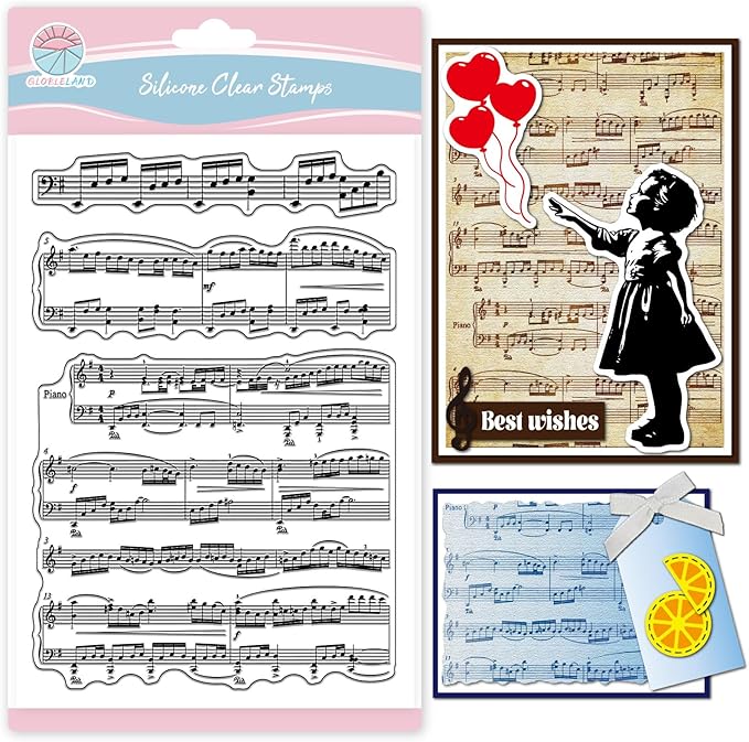 GLOBLELAND Vintage Sheet Music Background Clear Stamps for Card Making Music Notes Lace Silicone Clear Stamps Words Transparent Stamp Seal for DIY Scrapbooking
