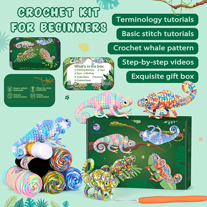 Crochetta Crochet Kit for Beginners, Crochet Starter Kit w Step-by-Step Video Tutorials, Beginner Crochet Kit for Adults Kids Women Men Complete Kit Included (4 Chameleons Family)