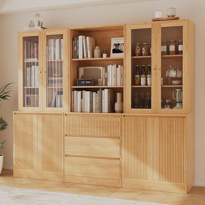 TUSY 71'' Freestanding Tall Storage Cabinet, 5 Tier Wood Bookcase with 3 Drawers and 2 Tempered Glass Doors (AB)