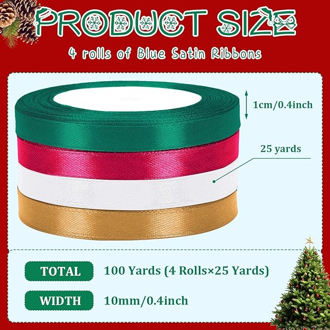 DECYOOL Christmas Ribbons, 4 Rolls 100 Yards Christmas Satin Ribbons 10mm Wide Holiday Craft Ribbons for Gift Wrapping and Xmas Decoration(Wine Red, Dark Green, Khaki, White)