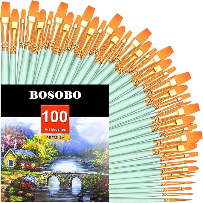 BOSOBO Paint Brushes Set, 10 Pack 100 Pcs Round Pointed Tip Paintbrushes Nylon Hair Artist Acrylic Paint Brushes for Acrylic Oil Watercolor, Face Nail Art, Miniature Detailing & Rock Painting, Green
