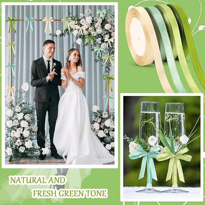 DECYOOL 4 Rolls 100 Yards Green Ribbons, 10mm Wide Satin Craft Ribbons for Gift Wrapping, Assorted Shades of Green Thin Ribbon for DIY Crafts, Wedding Decor, Baby Shower