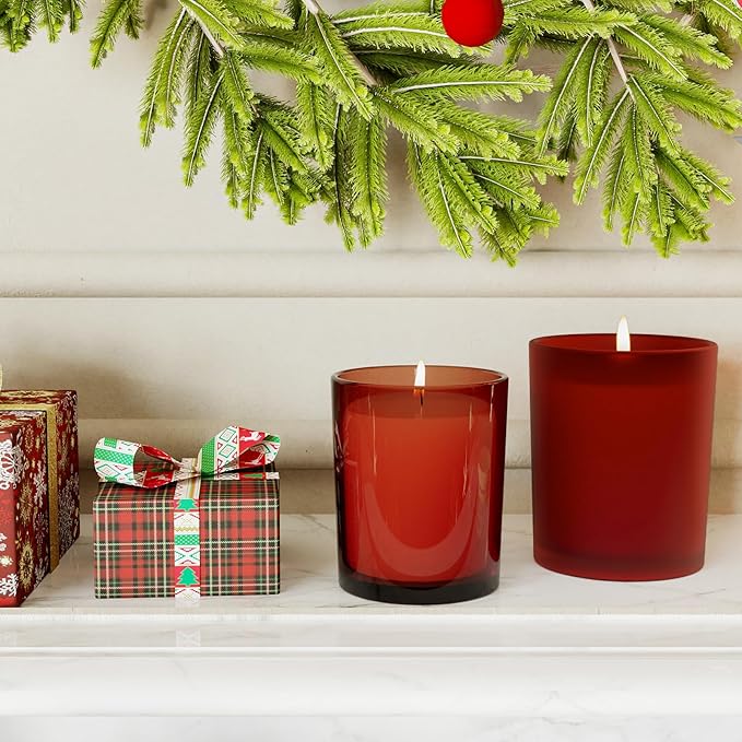 10 OZ Thick Candle Jars for Making Candles 15 Pcs, Empty Jars with Wood Lids for Candle Making, Sample Container, Frosted Red