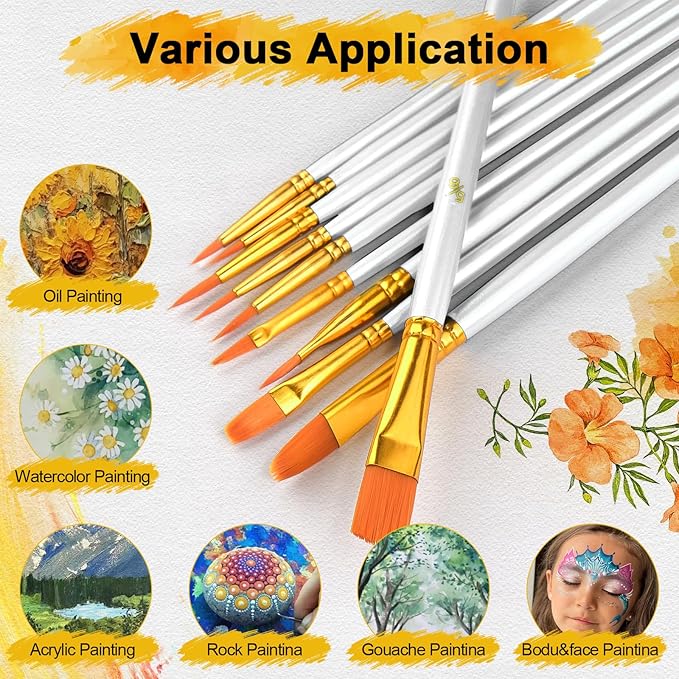 Acrylic Paint Brushes Set, 50Pcs Round Pointed Tip Artist Paintbrushes for Acrylic Painting Oil Watercolor Canvas Boards Rock Body Face Nail Art, Halloween Pumpkin Ceramic Crafts Supplies，White