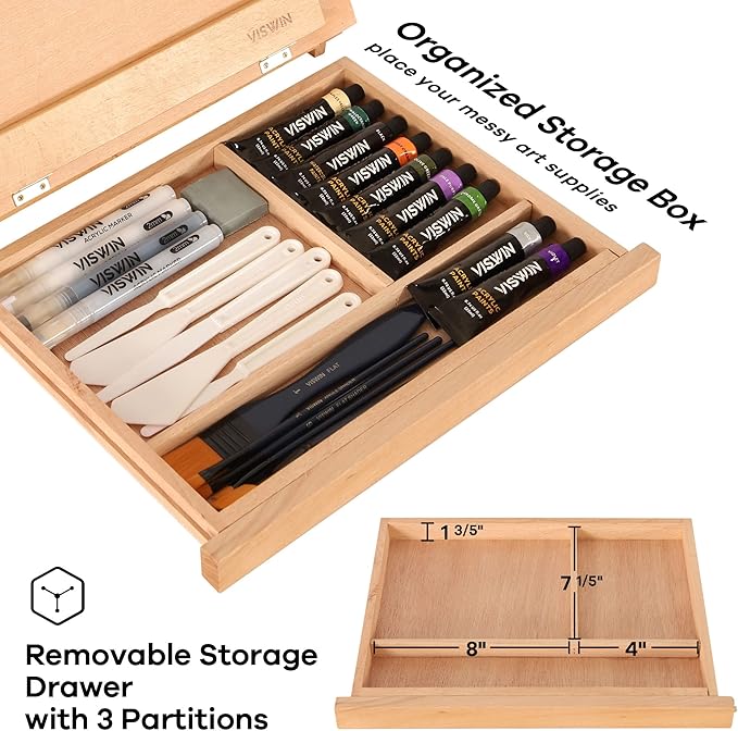 VISWIN Tabletop Easel with Storage Drawer & Palette, Adjustable Portable Beech Wood Sketch Box Table Top Easel for Painting, Desktop Travel Art Easel for Adults, Artists, Students