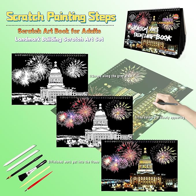 Scratch Art Book for Adults-Landmark Building Scratch Art|Scratch Painting Paper Craft Kit|Creative Foil Engraving Art Set|Scratch City Series Books for Travel Lovers,Craft Lovers(New City 2)