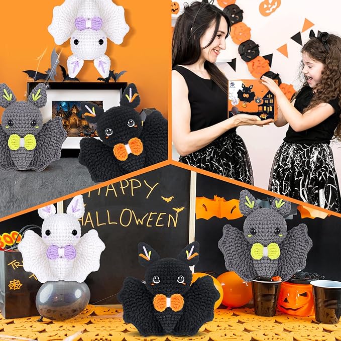 Crochet Kit for Beginners, Beginner Crochet Kit for Adults with Step-by-Step Video Tutorials, Halloween Gifts DIY Crochet Animal Kits Knitting Supplies, 3 Pack Bat Family (40%+ Yarn)