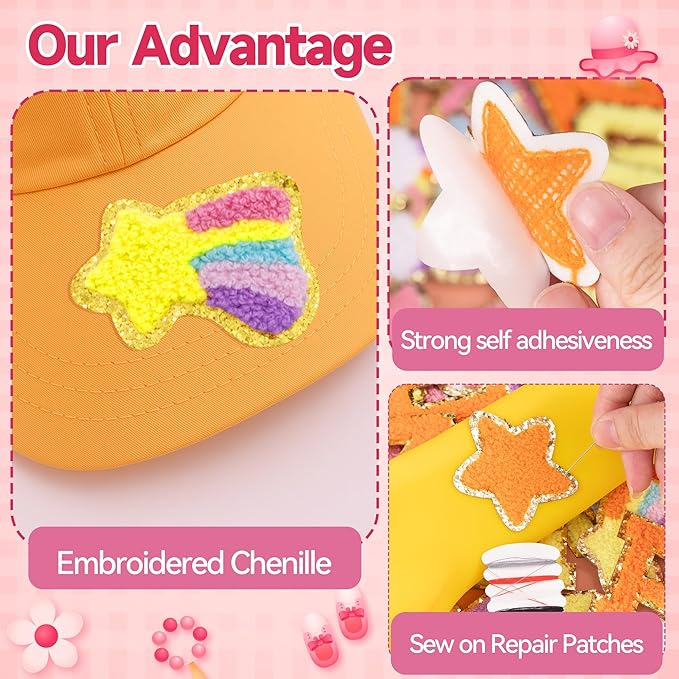 72 Pcs Preppy Cute Embroidered Chenille Letter Patches Self Adhesive,Include 52 A-Z Varsity Letters Patches,20 Star Heart Rainbow Meteor Sew on Repair Patches Boho Stickers for Jackets Backpacks Hats