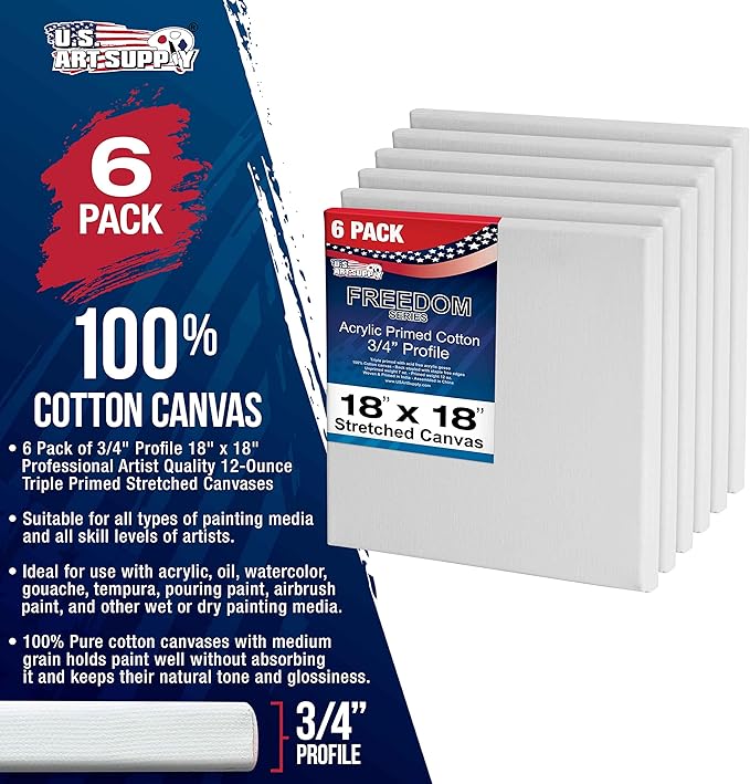 U.S. Art Supply 18 x 18 inch Stretched Canvas for Painting, 12oz Triple Primed, 6-Pack - Professional Artist Quality White Blank 3/4" Profile, 100% Cotton, Heavy-Weight Gesso - Acrylic Pouring, Oil