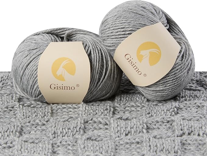 Merino Wool Yarn, 12-Ply Luxurious and Soft Yarn for Hand Knitting & Crocheting, 1.76 OZ/50g, 120 yds/110 Meters(Light Gray,2Balls)